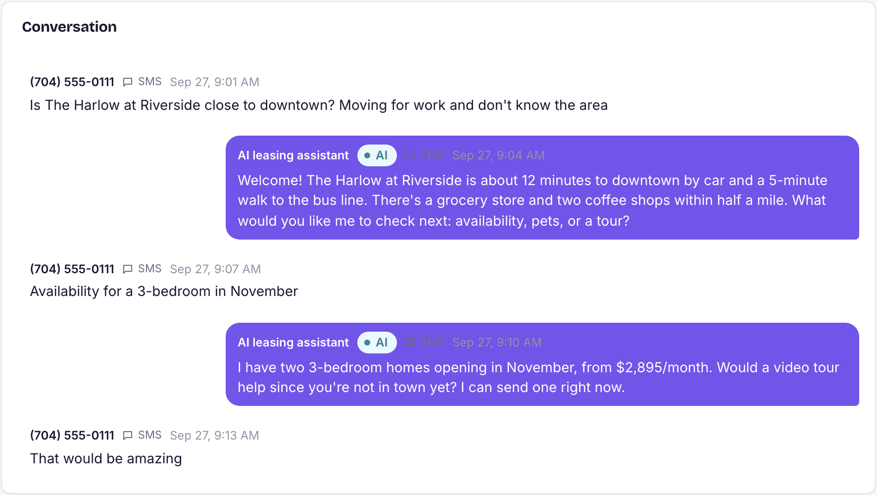 A text conversation where the AI assistant answers a prospect.