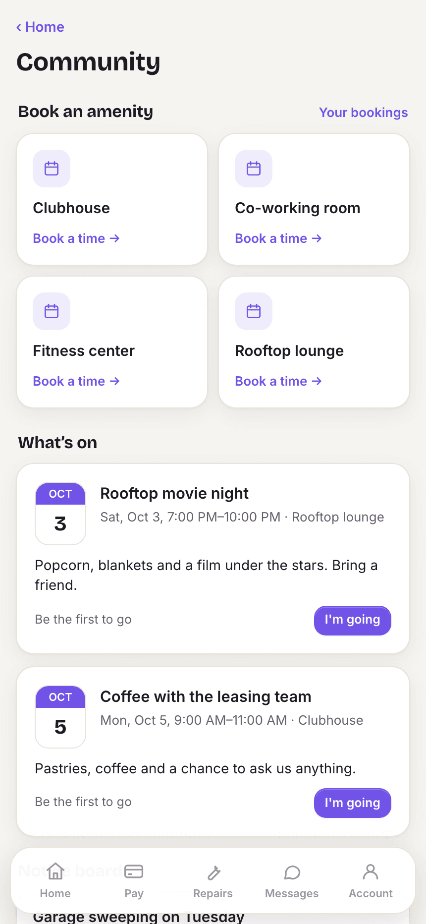 Community in the resident app: amenities to book and upcoming events to join.