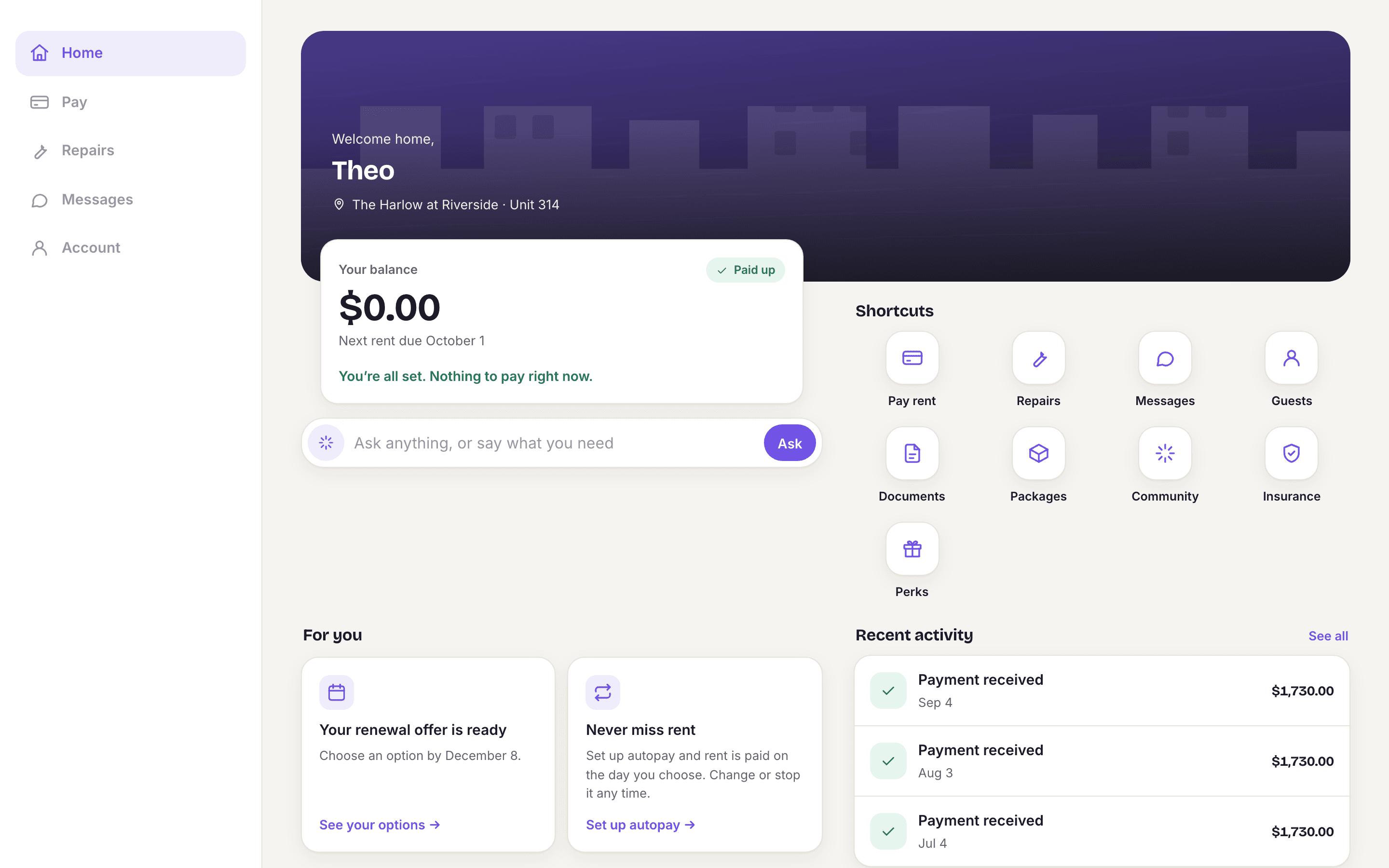 The resident app on a computer: a sidebar, the balance, shortcuts, offers and recent payments.
