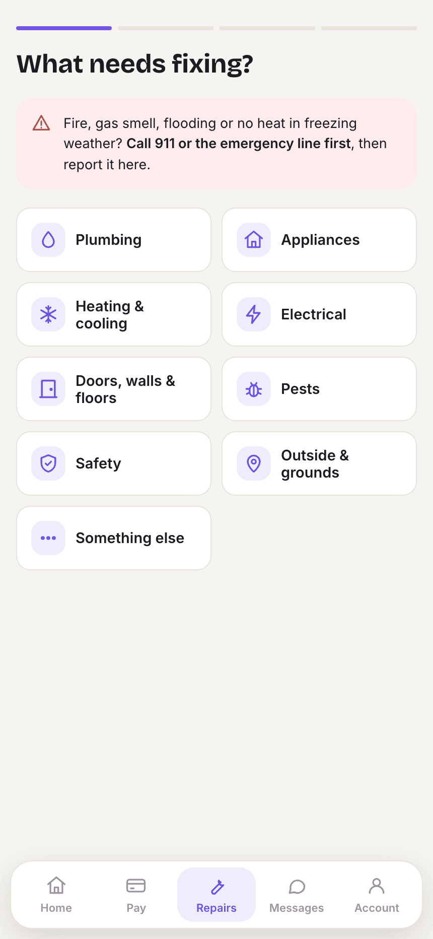 Reporting a repair in the resident app: pick what needs fixing, with an emergency warning at the top.