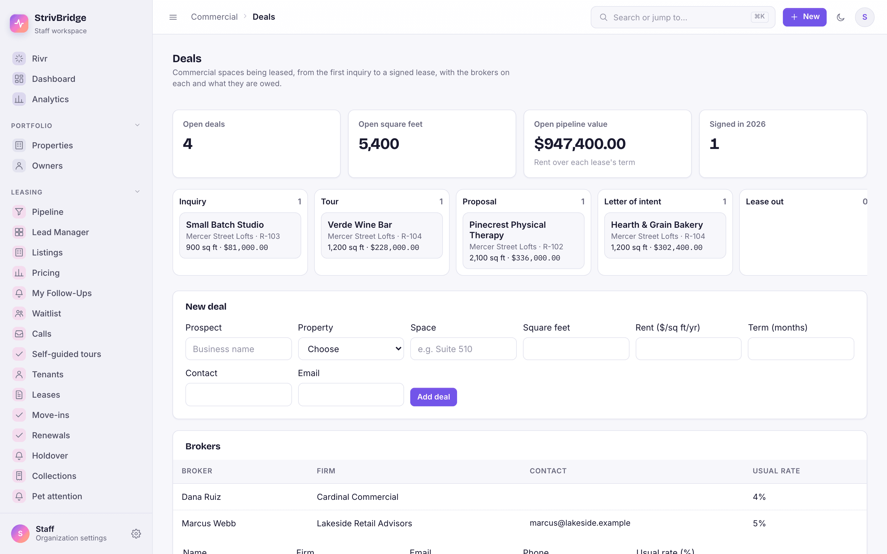 The deals board by stage with the open pipeline's value.