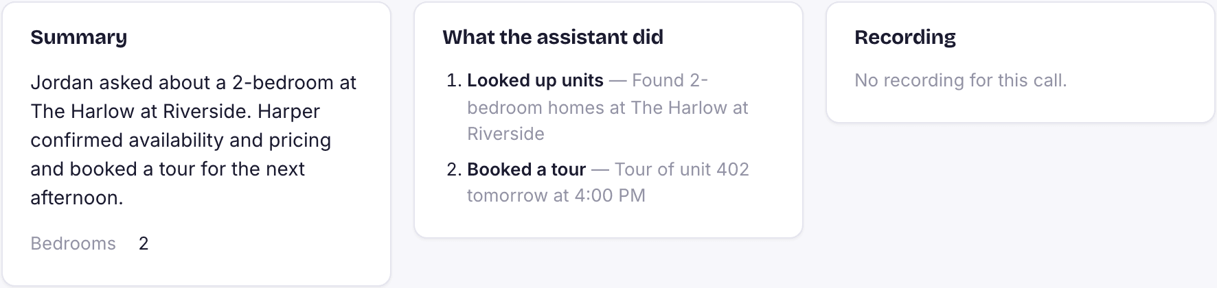 A phone call the AI assistant answered: summary, actions taken and recording.
