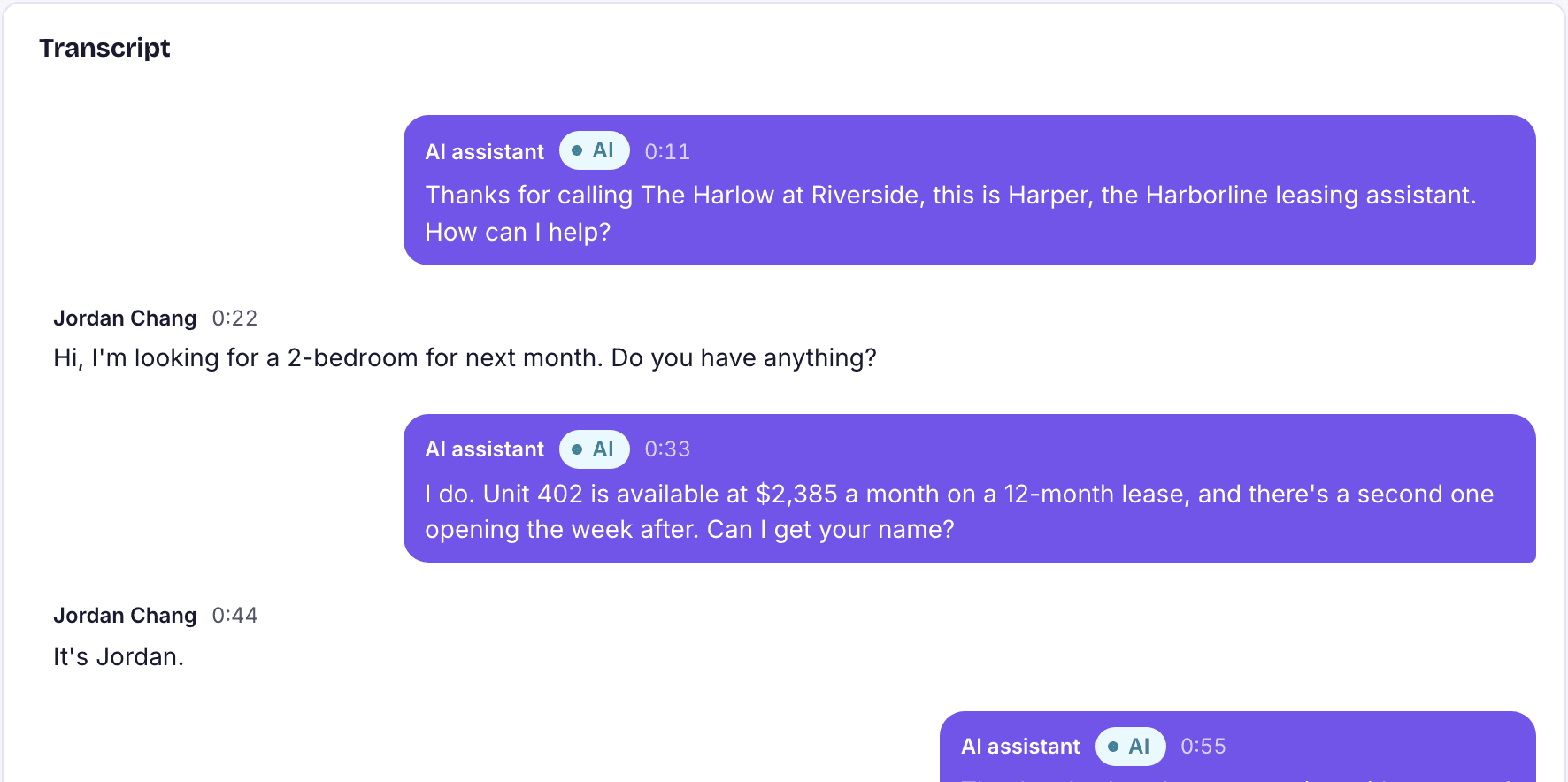 The transcript of a call answered by the AI assistant.