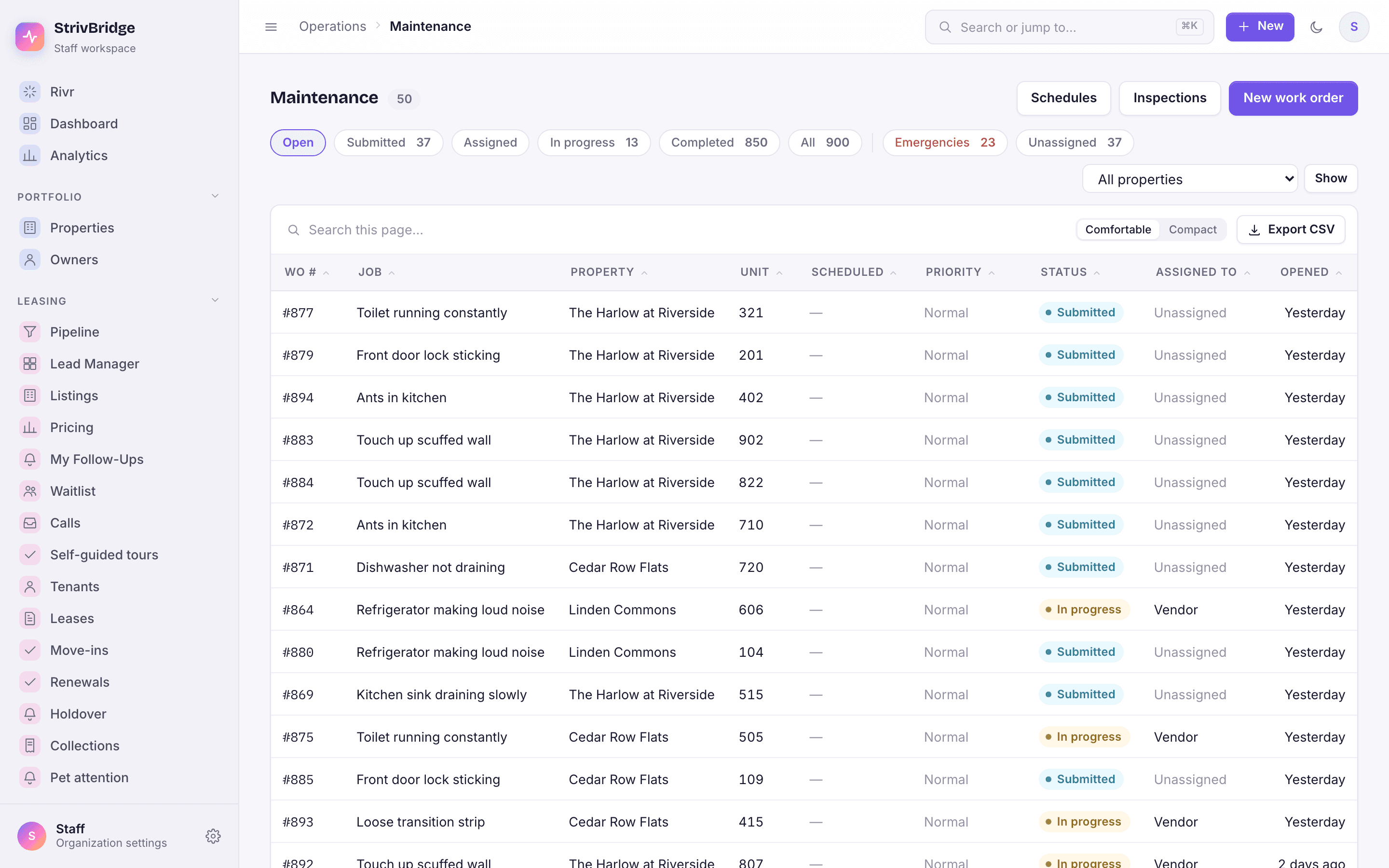 The Maintenance queue with work orders, status and vendor.